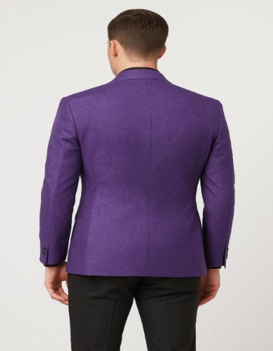 Mens Purple Paisley Tuxedo – 3 Piece Suit with Bow Tie and Black Pants | Wedding & Prom Outfit - Slim Fitted - 34 Short or Extra Small