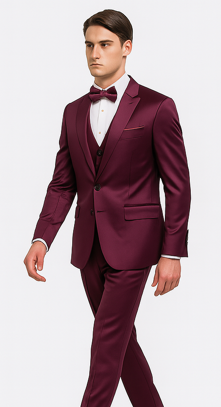 Men's Purple Satin Slim Fit 3 Piece Tazzio Suit with Peak Lapel and Double Breasted Vest – Stylish Formalwear