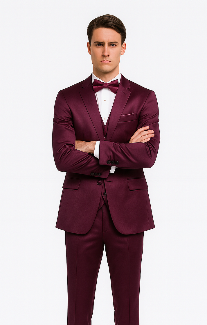 Men's Purple Satin Slim Fit 3 Piece Tazzio Suit with Peak Lapel and Double Breasted Vest – Stylish Formalwear - 34 Short or Extra Small