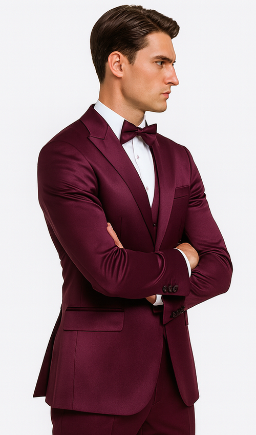 Men's Purple Satin Slim Fit 3 Piece Tazzio Suit with Peak Lapel and Double Breasted Vest – Stylish Formalwear