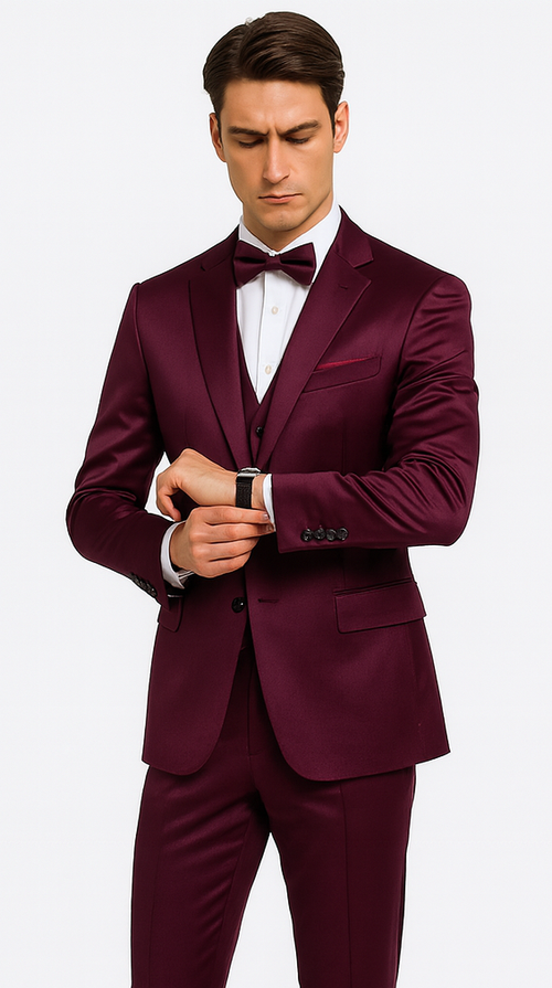 Men's Purple Satin Slim Fit 3 Piece Tazzio Suit with Peak Lapel and Double Breasted Vest – Stylish Formalwear