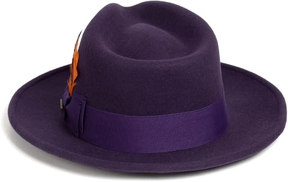 Gangster 100% Austrailian Wool Crushable Mens Fedora Hat - Removable Feather Gangster Purple Mens Fedora Hat - Small