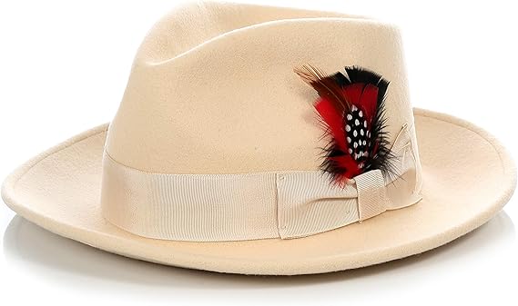 Gangster 100% Australian Wool Crushable Mens Fedora Hat - Removable Feather Gangster Tan Mens Fedora Hat