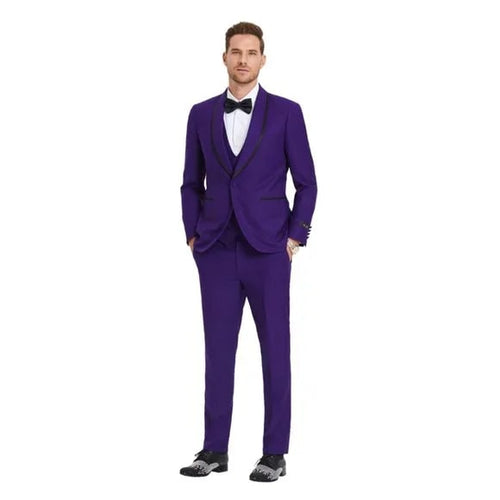 New Tazio Birdseye Textured Purple Tuxedo | Shawl Collar Satin Trim 3-Piece