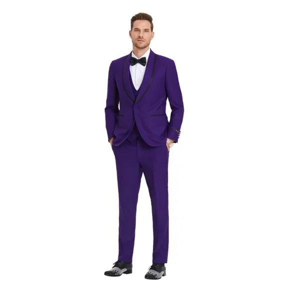 New Tazio Birdseye Textured Purple Tuxedo | Shawl Collar Satin Trim 3-Piece - 38 Short Jacket+32 Waist Adjustable 28to34)(Height: 5 4 to5 7 )(Neck 15-16.5)S-M)