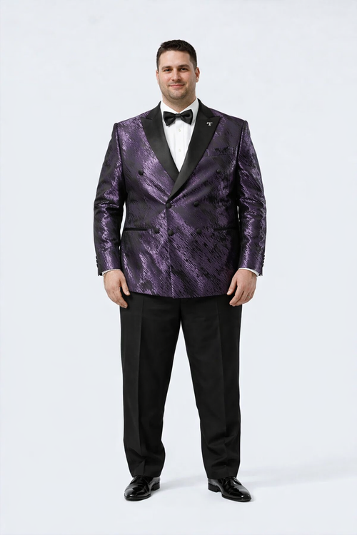 Mens Purple Jacquard Double-Breasted Tuxedo Jacket with Satin Peak Lapel