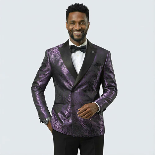 Mens Purple Jacquard Double-Breasted Tuxedo Jacket with Satin Peak Lapel