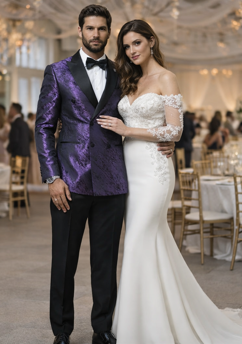 Mens Purple Jacquard Double-Breasted Tuxedo Jacket with Satin Peak Lapel