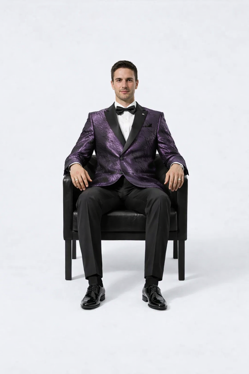 Mens Purple Jacquard Double-Breasted Tuxedo Jacket with Satin Peak Lapel