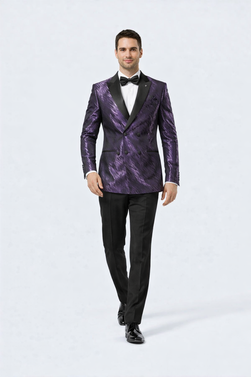 Mens Purple Jacquard Double-Breasted Tuxedo Jacket with Satin Peak Lapel