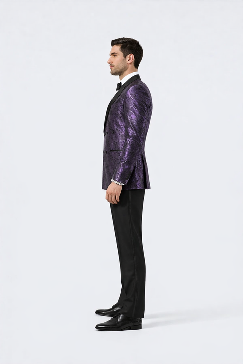 Mens Purple Jacquard Double-Breasted Tuxedo Jacket with Satin Peak Lapel