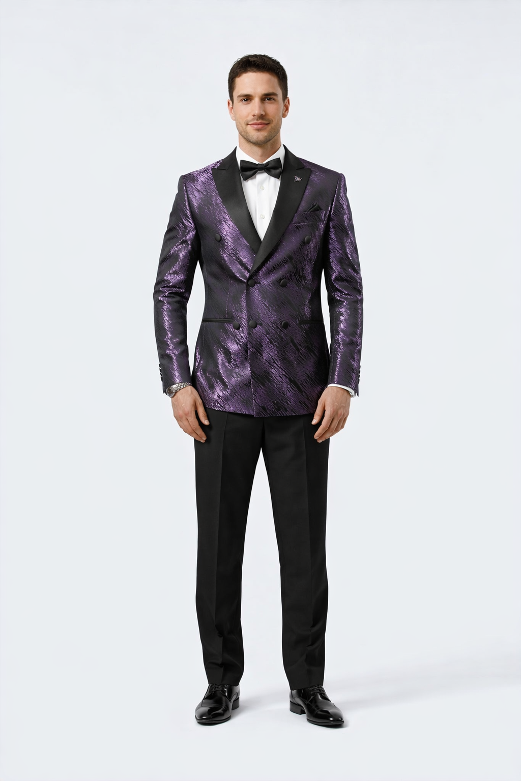 Mens Purple Jacquard Double-Breasted Tuxedo Jacket with Satin Peak Lapel