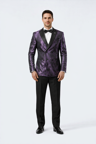Mens Purple Jacquard Double-Breasted Tuxedo Jacket with Satin Peak Lapel