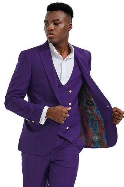 Cheap priced Suit - Men's One Button Peak Lapel Vested Purple Suit With Gold Buttons