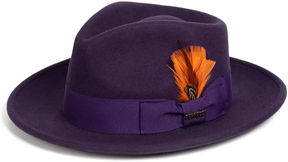Gangster 100% Austrailian Wool Crushable Mens Fedora Hat - Removable Feather Gangster Purple Mens Fedora Hat - Small
