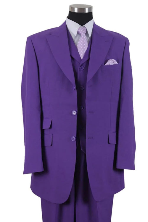 Cheap Priced Suit Mens 3 Button Vested Wide Peak Lapel Fashion Purple Suit