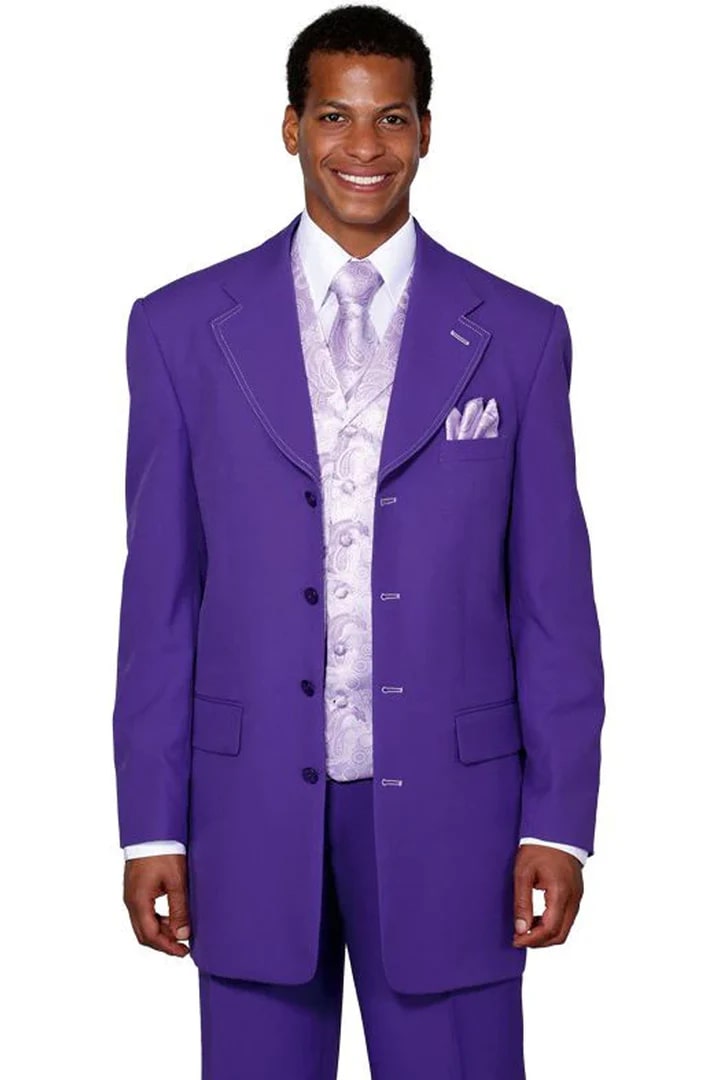 Cheap Priced Suit - Mens 4 Button Long Vested Fashion Suit In Purple With Paisley Vest - 38 Short Jacket+32 Waist Adjustable 28to34)(Height: 5 4 to5 7 )(Neck 15-16.5)S-M)