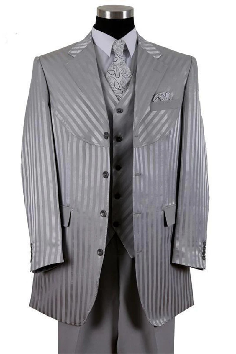 Mens 4 Buttons Notch Label Semi Wide Leg Shiny Tonal Stripe Fashion Suits in Silver main image 0