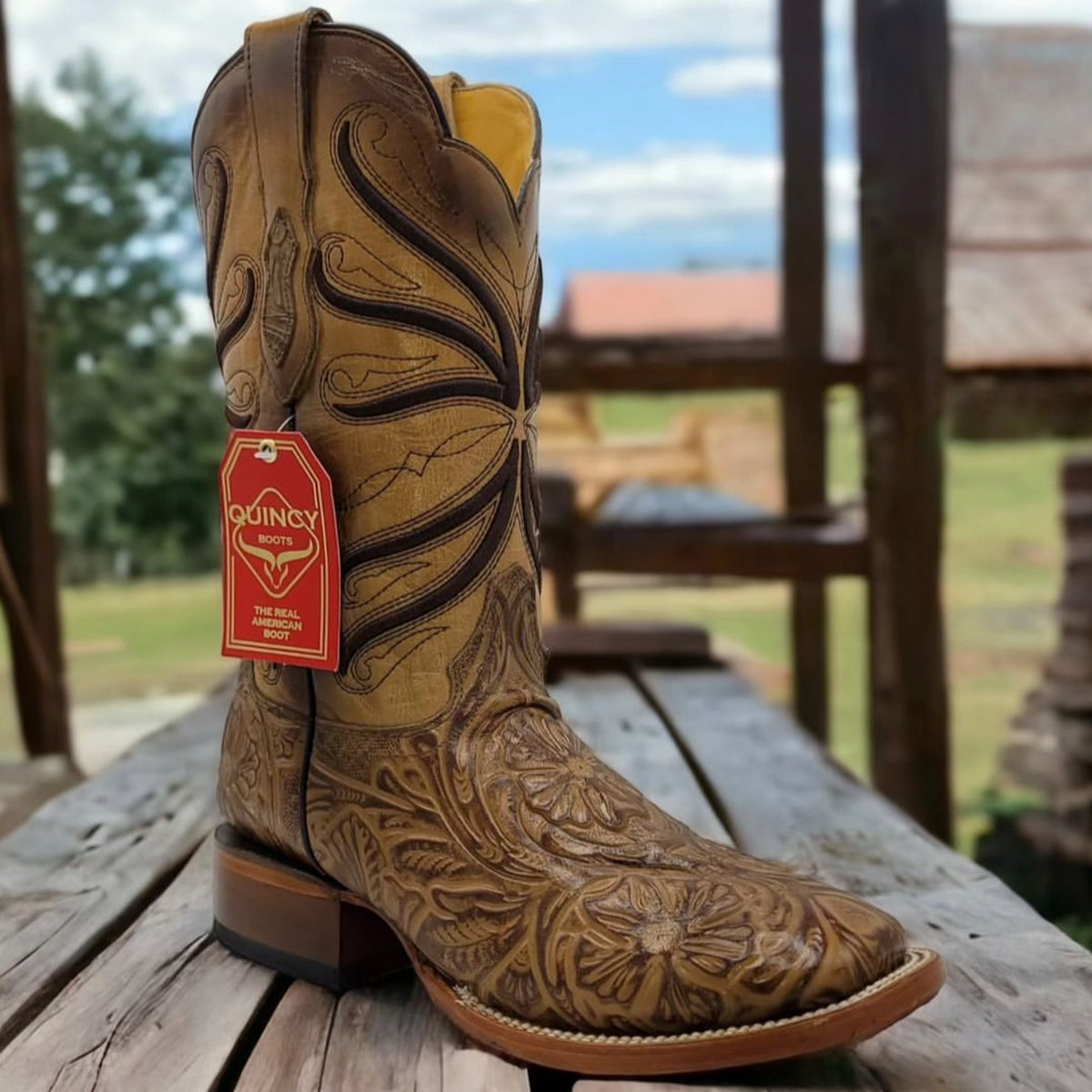 Hand-Tooled Print Cowboy Boots - EE