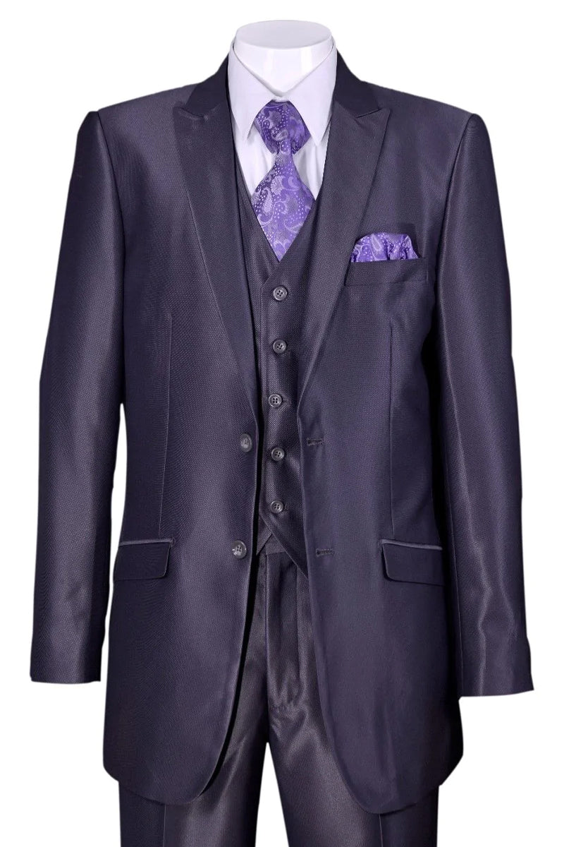 "Sharkskin Slim Fit Men's Suit - 2 Button Vested in Navy Blue"