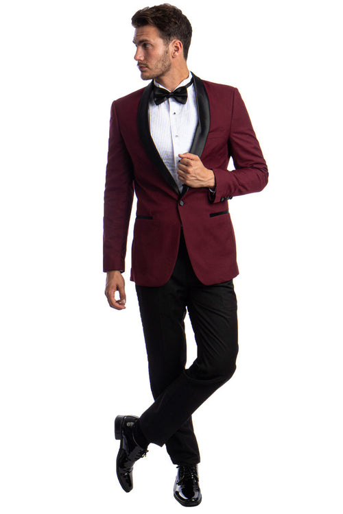 "Burgundy Men's Skinny Fit Shawl Tuxedo - One Button Prom 2026 Suit"