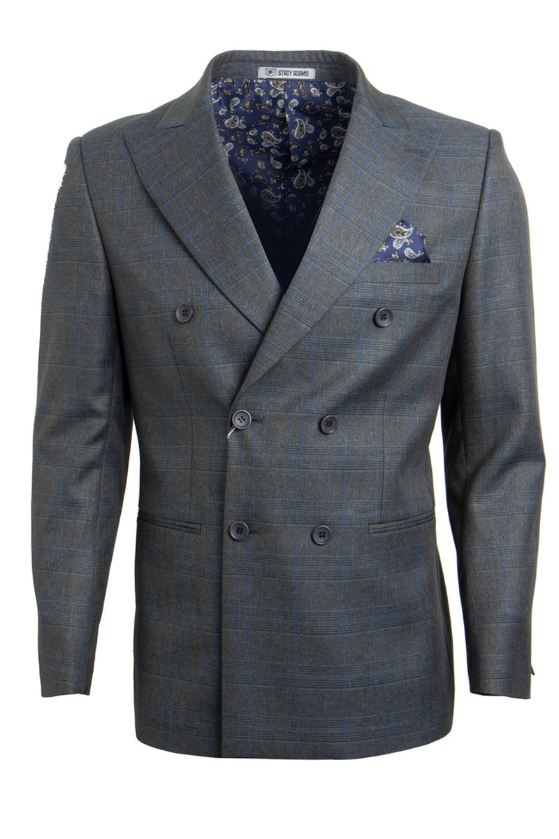 "Mens Stacy Adams Suit - Stacy Adams Suit Men's Double Breasted Charcoal Grey Windowpane Plaid Suit" - 34 Regular