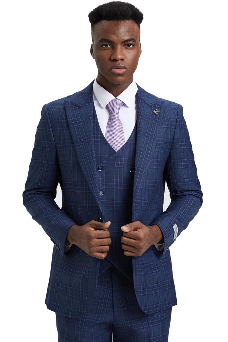 Men's Stacy Adams One Button Peak Lapel Double Breasted Vest Suit in Blue & Purple Plaid - 38 Regular