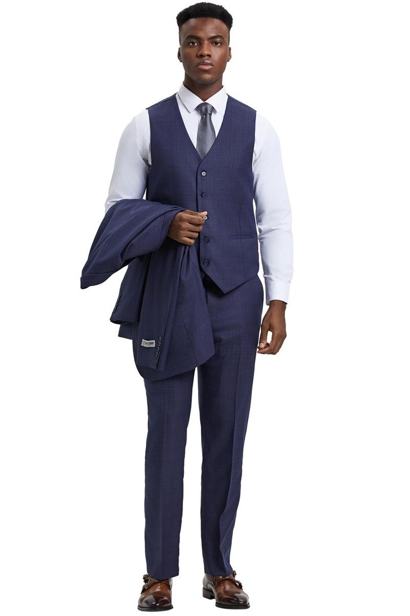 Men's Stacy Adams Vested One Button Wide Peak Lapel Windowpane Plaid Suit in Eggplant Purple - 38 Regular
