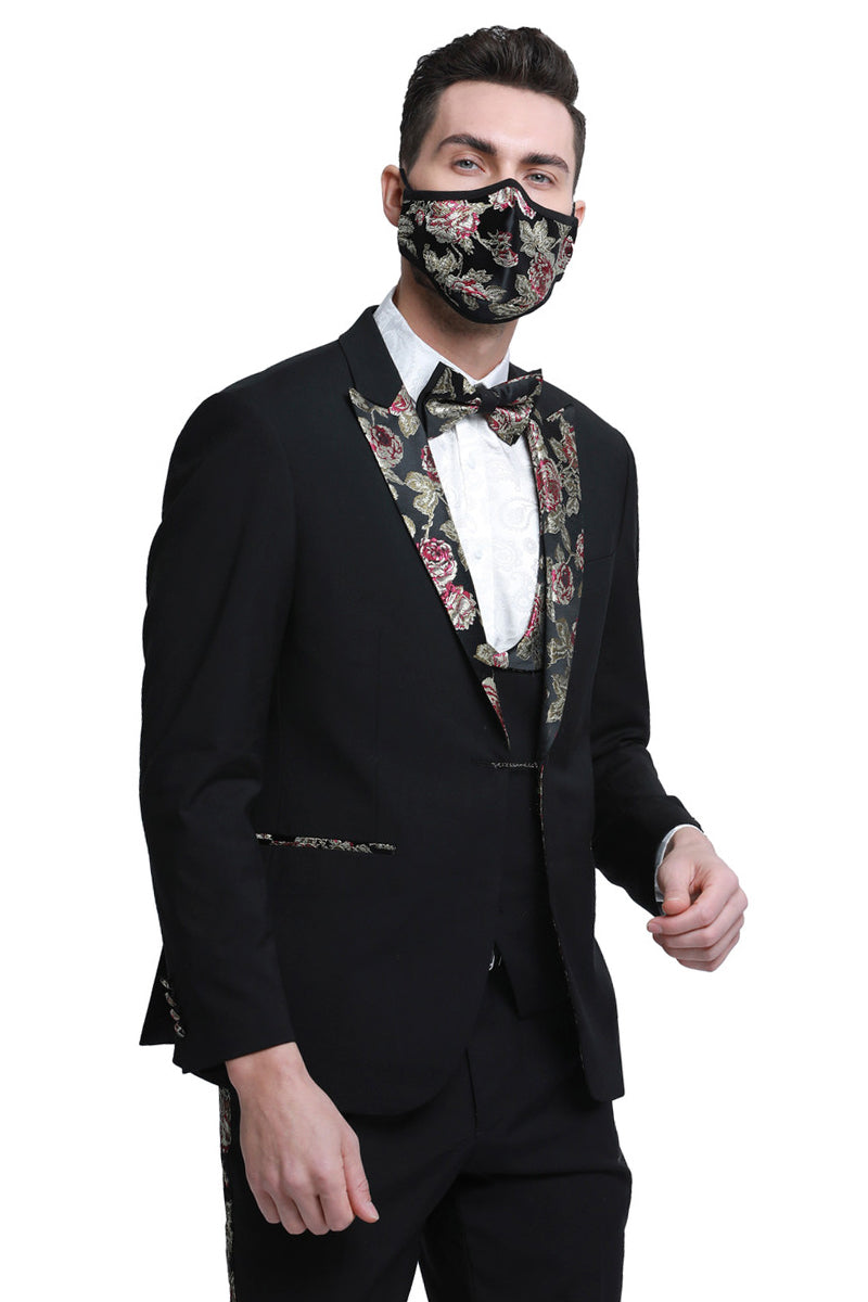"Black Men's Wedding Tuxedo with Floral Peak Lapel - One Button Vested Prom Suit"