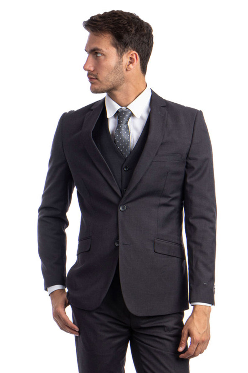 "Charcoal Grey Men's Hybrid Fit Vested Suit - Two Button Basic" - 34 Short