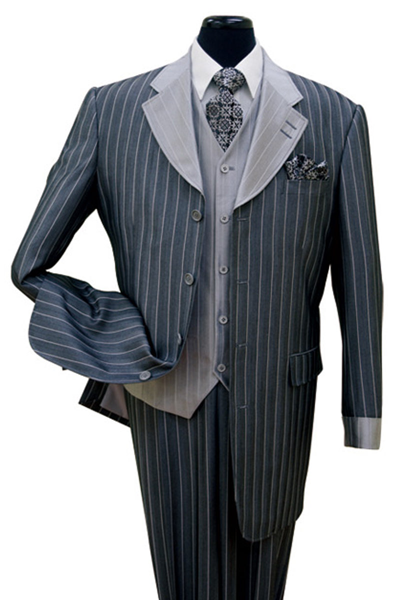 "Men's Navy Blue Sharkskin Pinstripe Zoot Suit with Vest - Fashionable"