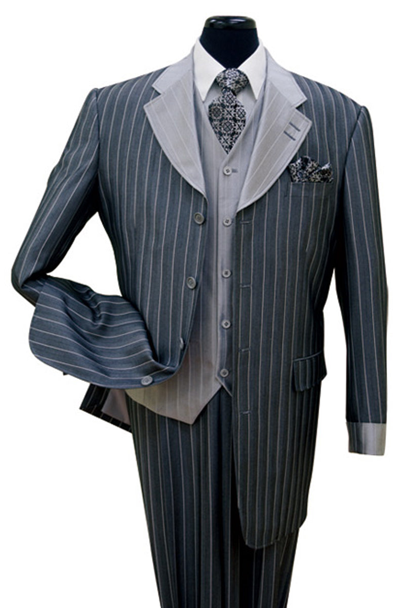 "Men's Navy Blue Sharkskin Pinstripe Zoot Suit with Vest - Fashionable" - 58 Regular