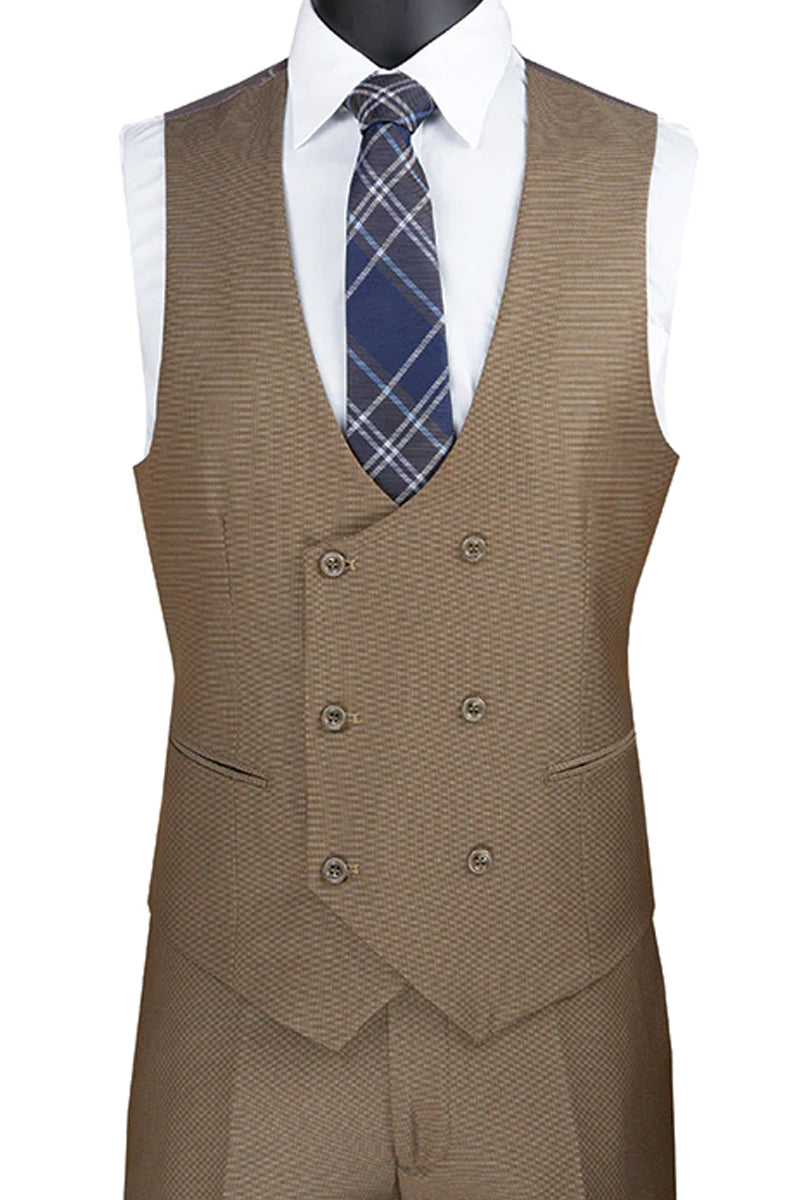 "Modern Fit Men's Tuxedo Suit with Double Breasted Vest - Khaki Satin Trim"