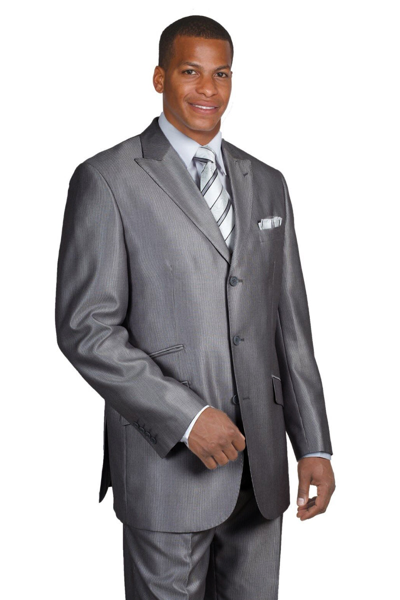 "Sharkskin Charcoal Grey Men's Suit - 3 Button Peak Lapel Micro Pinstripe"