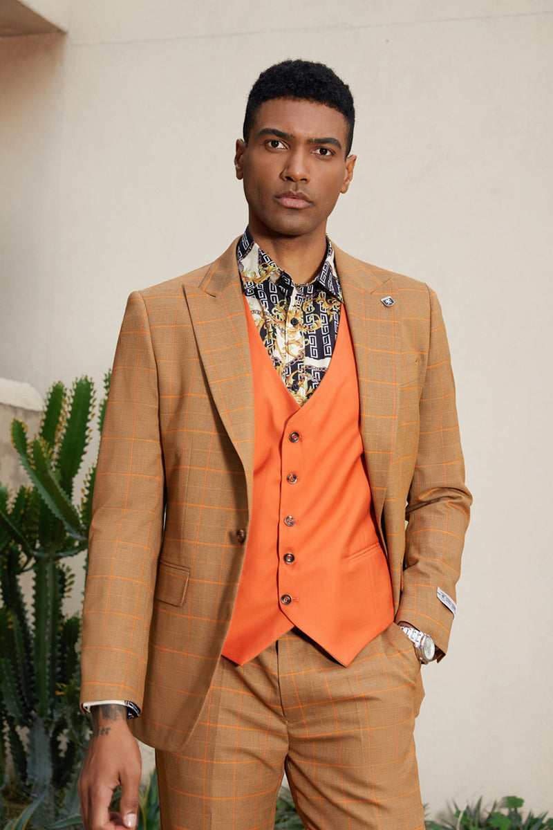 "Mens Stacy Adams Suit - Stacy Adams Men's Windowpane Plaid Suit with Reversible Vest - Orange Rust" - 34 Short