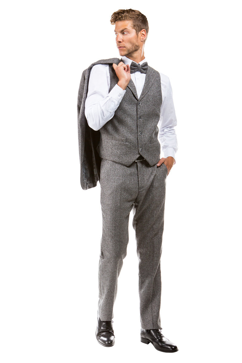 "Vintage Style Grey Tweed Wedding Suit - Men's Two Button Vested" - 34 Short