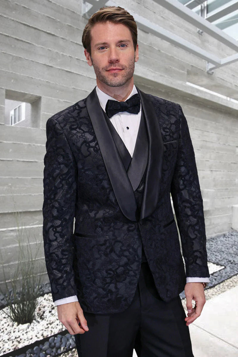 Men's Black Paisley Velvet Smoking Jacket Tuxedo with Vested Double Breasted Prom & Wed - 36 Short