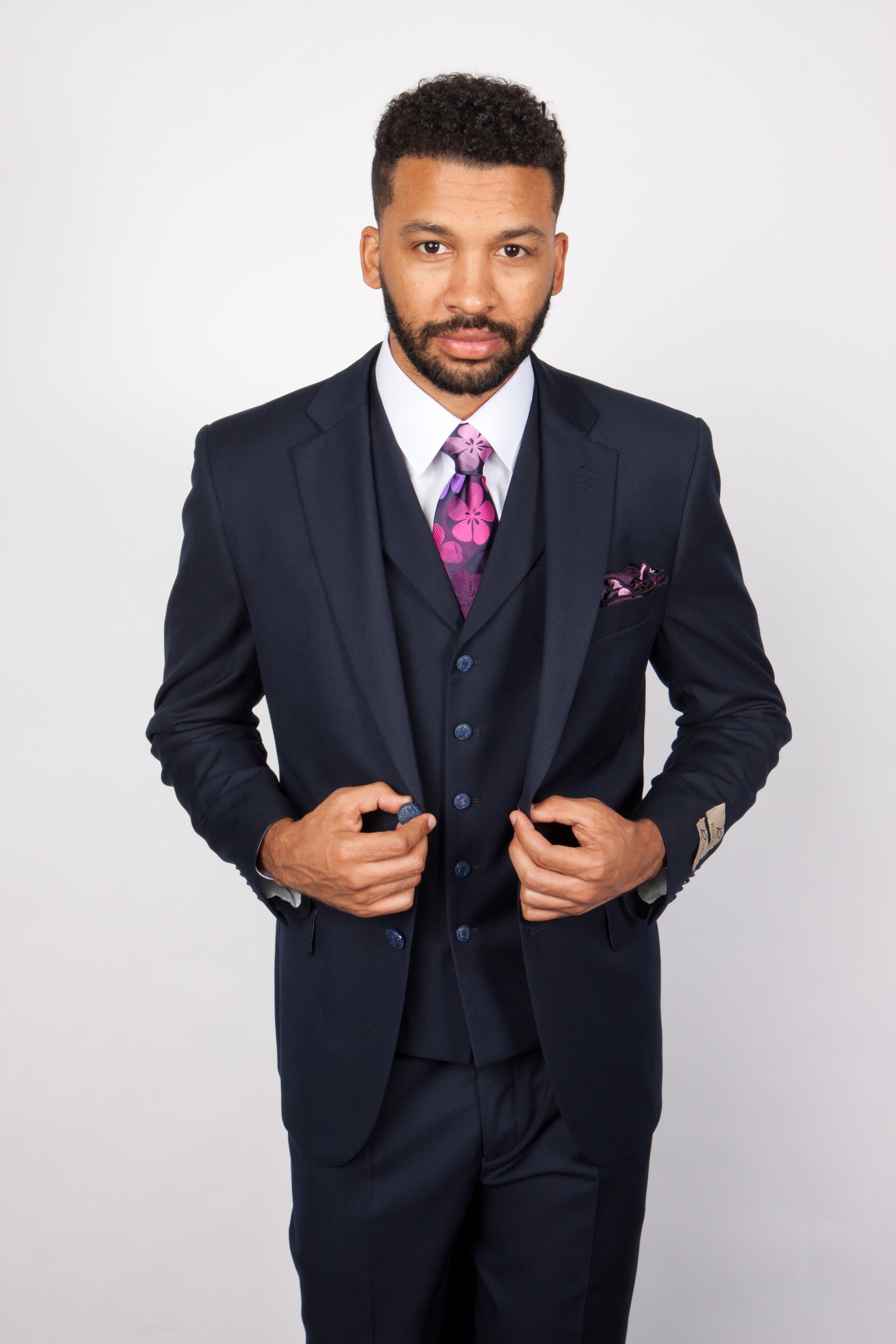 Men’s Solid Navy Blue 3-Piece Suit – CYRUS RM116 by Rossi Man - 38R