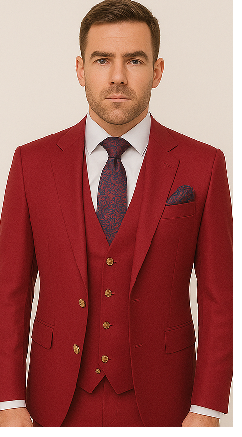 Rossi Man BOND RM1777 Slim Fit 3-Piece Red Suit – Modern Tailored Suit for Men - 34R