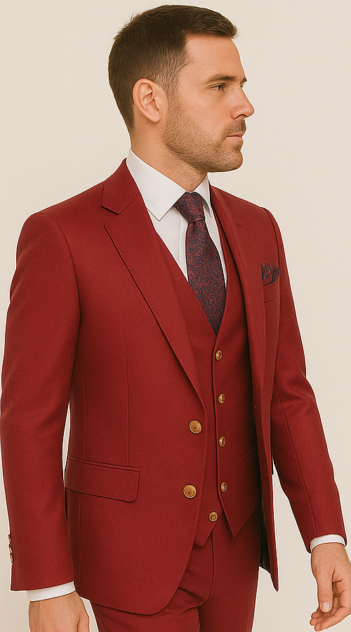 Rossi Man BOND RM1777 Slim Fit 3-Piece Red Suit – Modern Tailored Suit for Men - 34R
