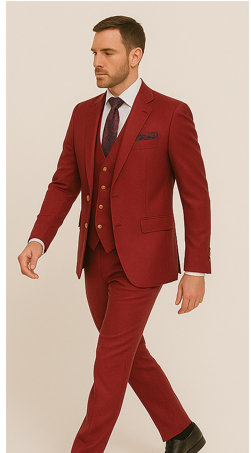 Rossi Man BOND RM1777 Slim Fit 3-Piece Red Suit – Modern Tailored Suit for Men - 34R