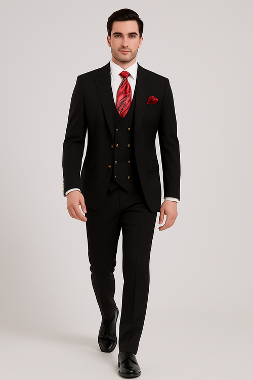 Mens Modern Formal Suit Rossi Man Max 3-Piece Slim Fit in Solid Black | RM1101