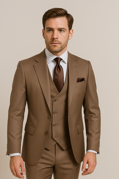 Mens Modern Formal Suit Rossi Man Max Slim Fit 3-Piece in Solid Mocha | RM1172