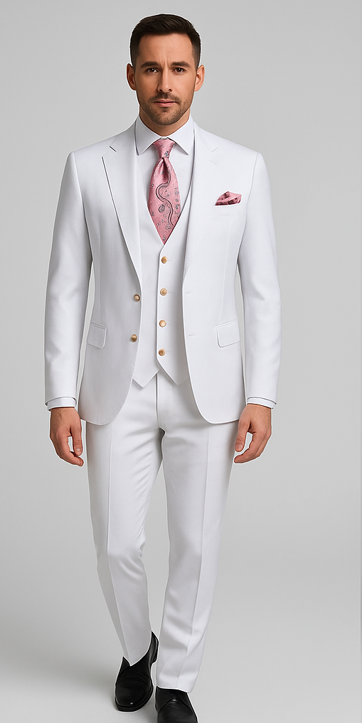 Rossi Man MAX RM1374 Slim Fit 3-Piece Suit – Elegant Solid White Formalwear for Men - 34R