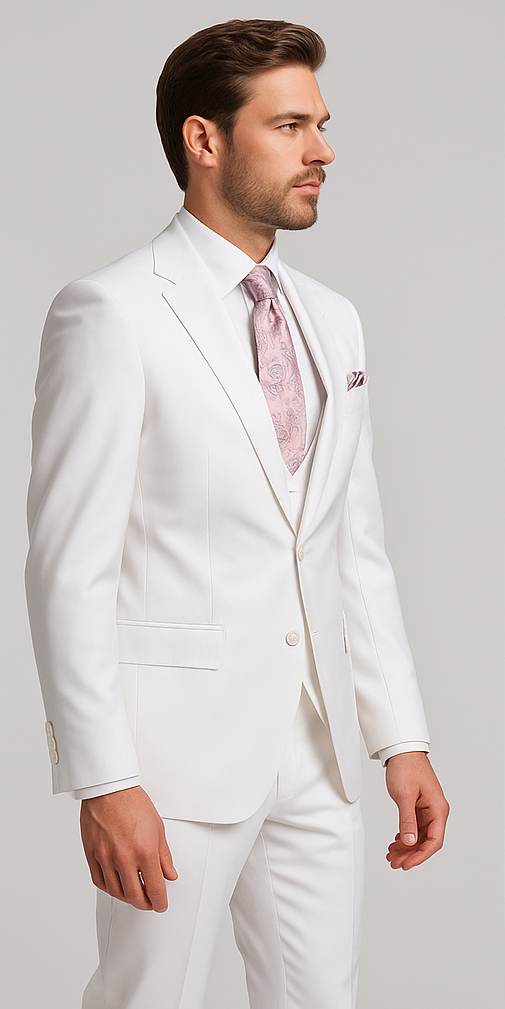 Rossi Man MAX RM1374 Slim Fit 3-Piece Suit – Elegant Solid White Formalwear for Men - 34R