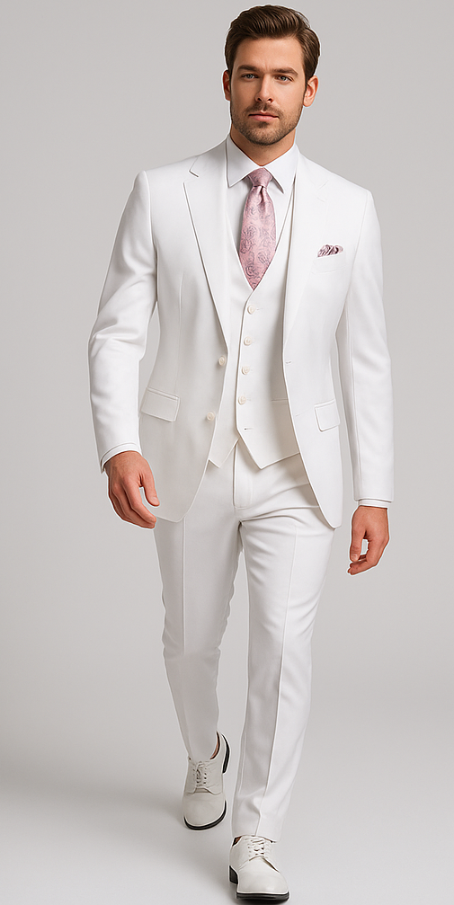 Rossi Man MAX RM1374 Slim Fit 3-Piece Suit – Elegant Solid White Formalwear for Men - 34R
