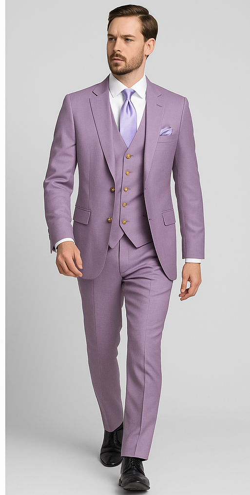 Rossi Man MAX RM1378 Slim Fit 3-Piece Suit – Sophisticated Solid Lavender Suit for Men - 34R