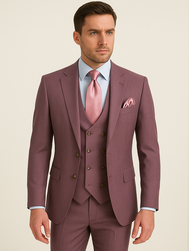 Rossi Man MAX RM1381 Slim Fit 3-Piece Suit – Modern Tailored Solid Raspberry Suit for Men - 34R