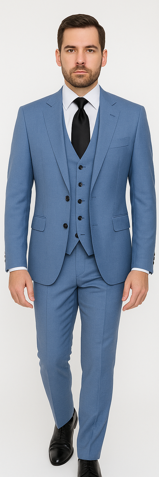 Rossi Man MAX RM1387 Slim Fit 3-Piece Suit – Stylish Solid Blue Formalwear for Men - 34R