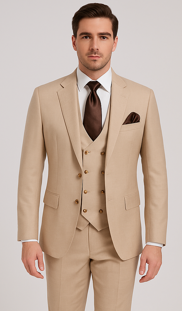 Rossi Man Max RM1391 – Slim Fit 3-Piece Men’s Suit in Solid Beige - 34R